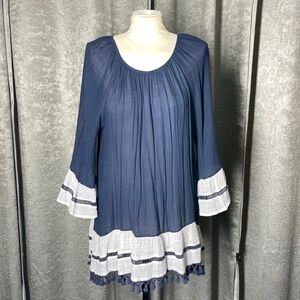 Women’s 2X Indigo Soul Blue/White Embroidered/Tassel Top